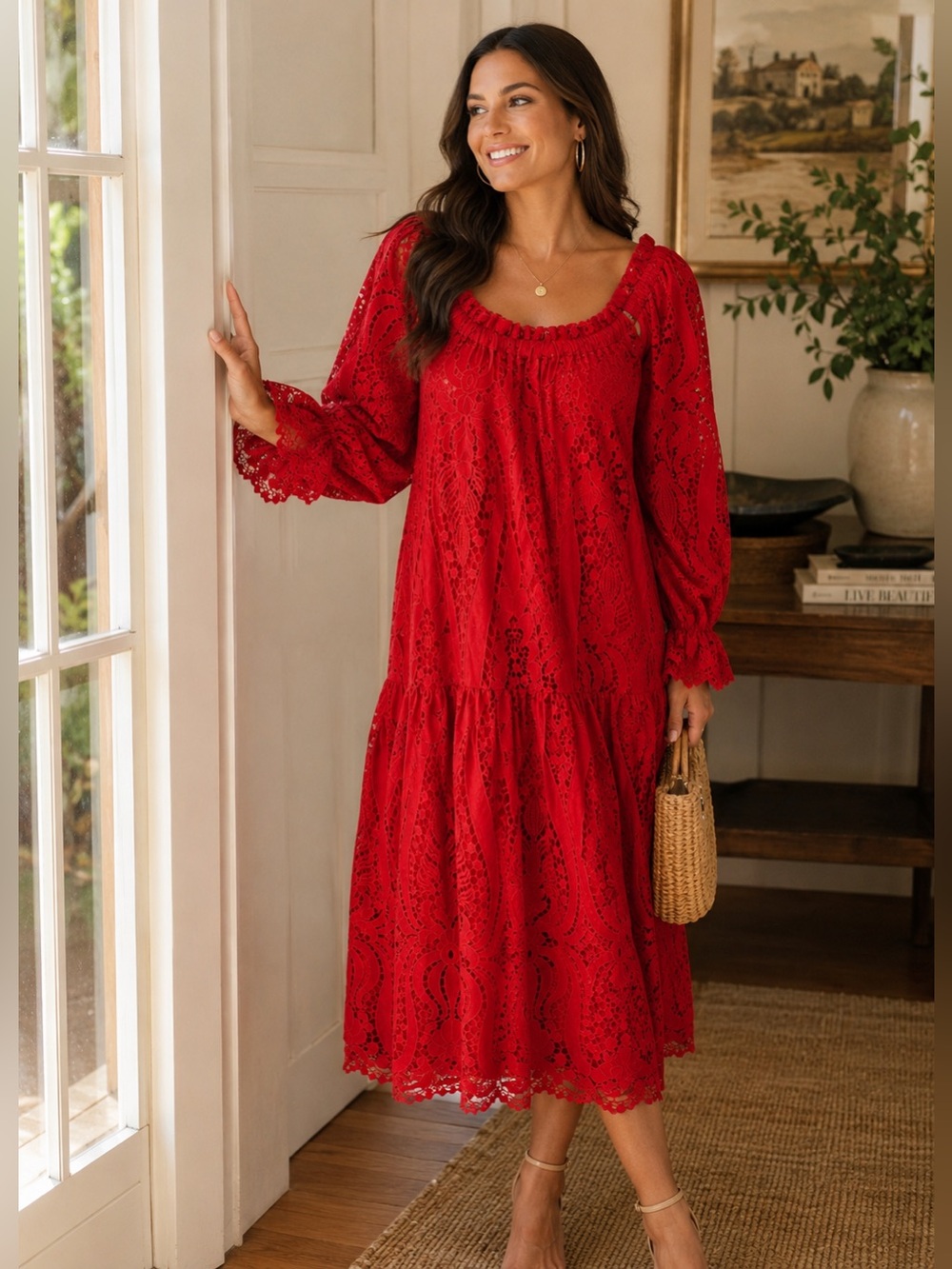 ❤️ Red Off-the-Shoulder Guipure Lace Midi Dress | Romantic Boho | Size M